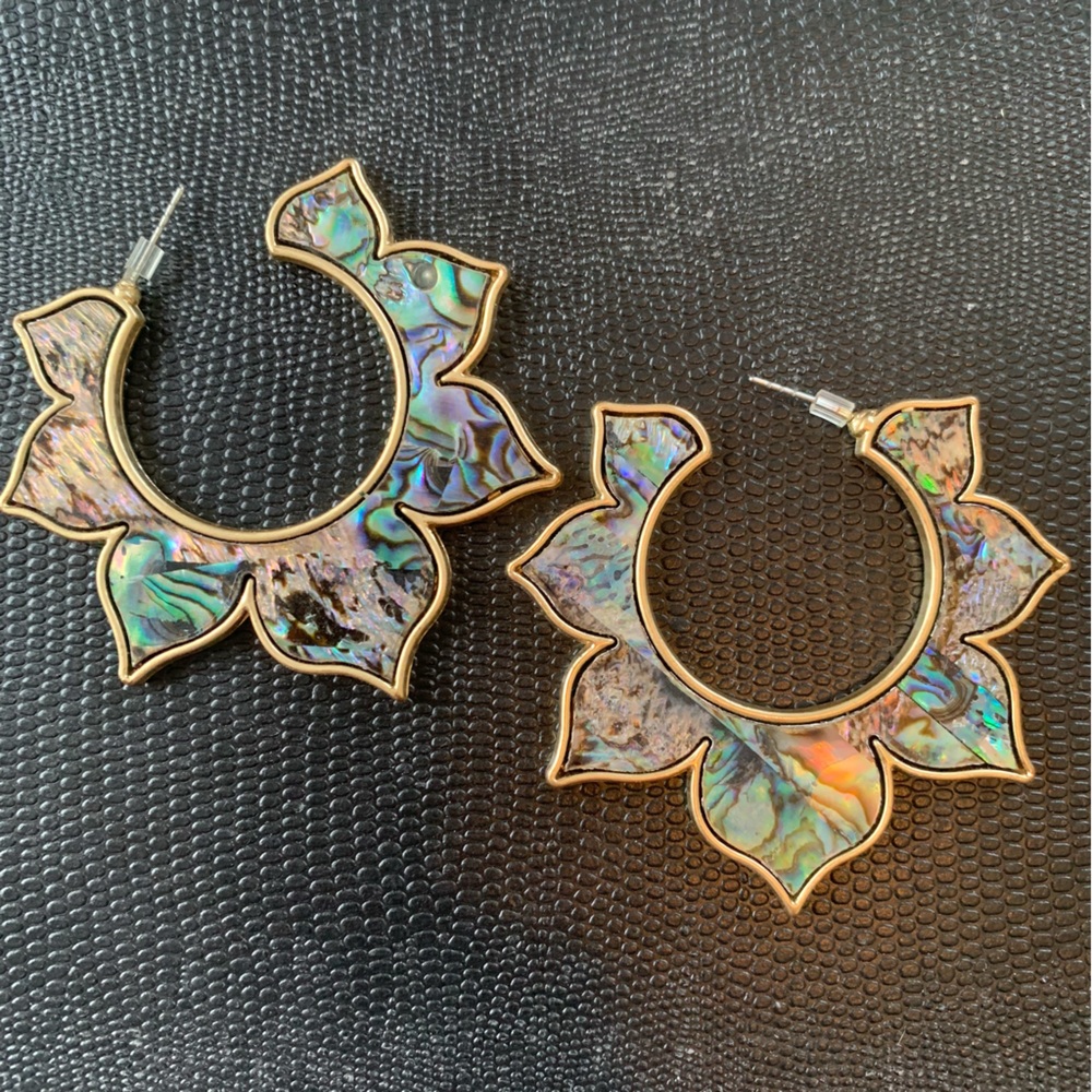 Gold and Iridescent Hoop Earrings, floral design